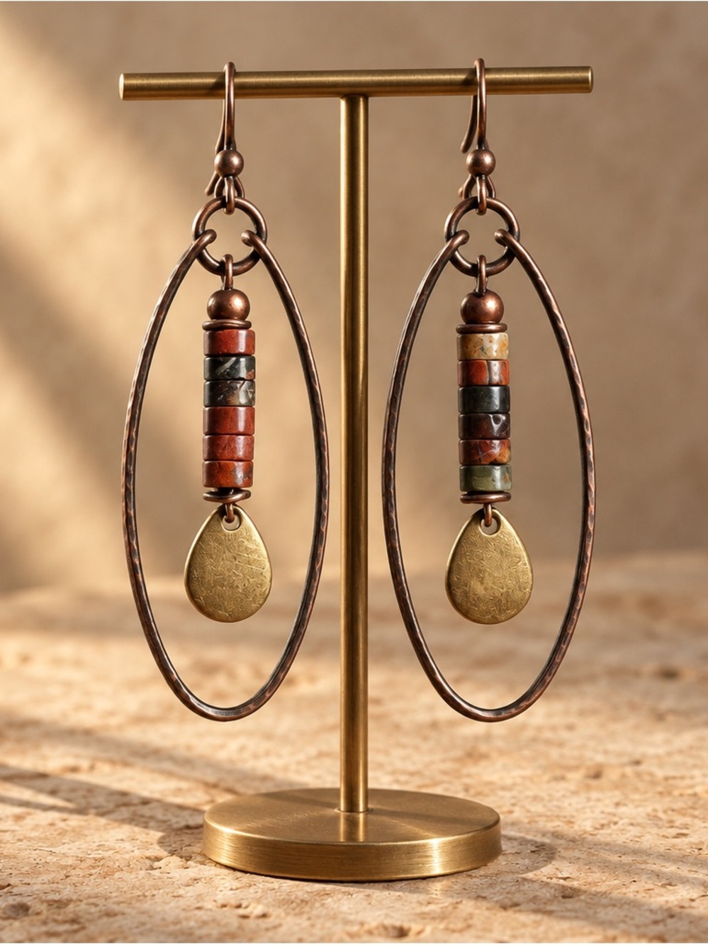 Bohemian Multi-Stone Hoop Drop Earrings - Red, Green, Black, Gold